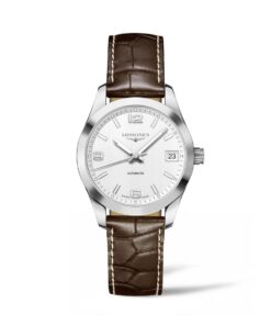 longines conquest classic automatico mujer acero esfera gris silver correa piel marron l2.385.5.76.3