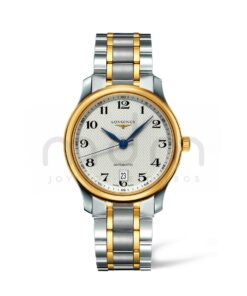 longines master collection automatico acero pvd amarillo esfera blanca arabes con azul brazalete l2.628.5.78.7