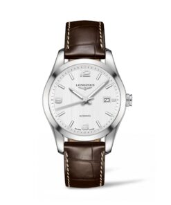 longines conquest classic automatico hombre acero esfera gris silver piel marron l2.785.4.76.3