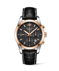 longines conquest classic cronografo automatico hombre acero pvd rosa esfera negra piel marron oscura l2.786.5.56.3