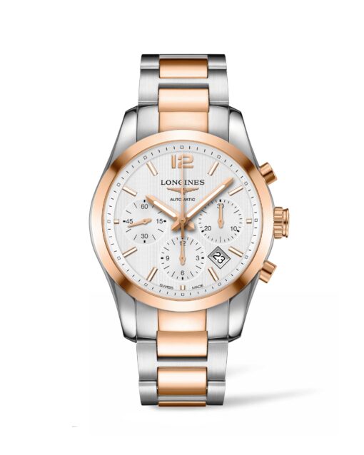 longines conquest classic automatico cronografo acero oro rosa 41mm esfera blanca brazalete bicolor L2.786.5.76.7