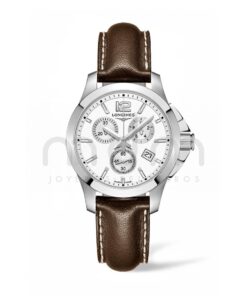 longines conquest cuarzo cronografo unisex acero esfera blanca piel marron l3.379.4.16.5