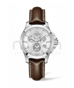 longines conquest cuarzo cronografo unisex acero esfera gris piel marron l3.379.4.76.5