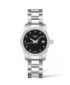 longines conquest cuarzo mujer acero esfera negra diamantes brazalete l3.400.0.57.6