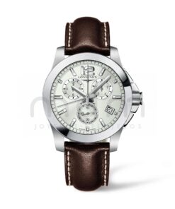 longines conquest cuarzo cronógrafo acero hombre esfera gris piel marron l3.660.4.76.5