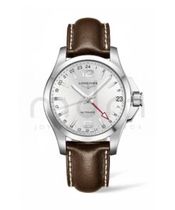 longines conquest automatico gmt hombre acero esfera gris piel marron l3.687.4.76.4