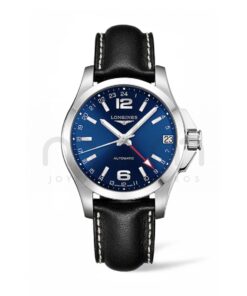 longines conquest automatico gmt acero hombre esfera azul piel negra l3.687.4.99.2