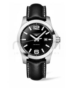 longines conquest cuarzo hombre acero negro piel negra l3.760.4.56.3