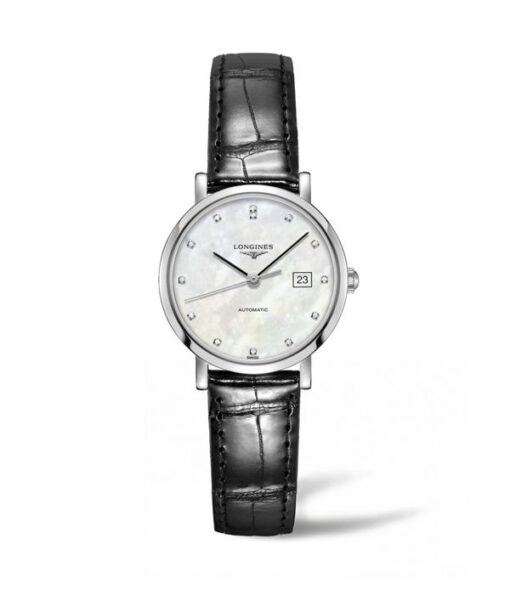 LONGINES-ELEGANT-29MM-AUTOMÁTICO-ACERO-ESFERA-NÁCAR-DIAMANTES-PIEL-NEGRA-L4.310.4.87.2